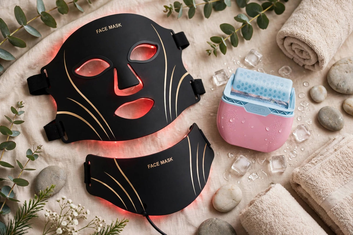 Solaara Glow Ritual Kit flat lay: Glow Mask and neck mask glowing red beside the pink Chill Roller on a towel with ice cubes, spa stones and eucalyptus