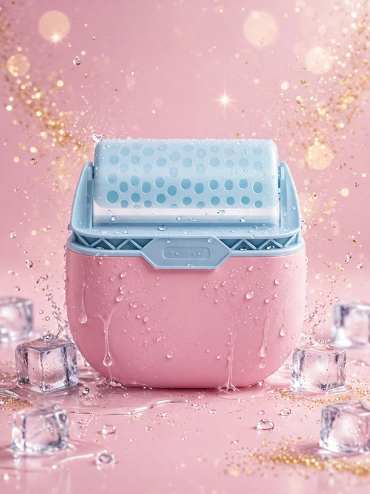 Solaara Chill Roller ice facial roller with blue roller head and pink base, surrounded by ice cubes and water droplets