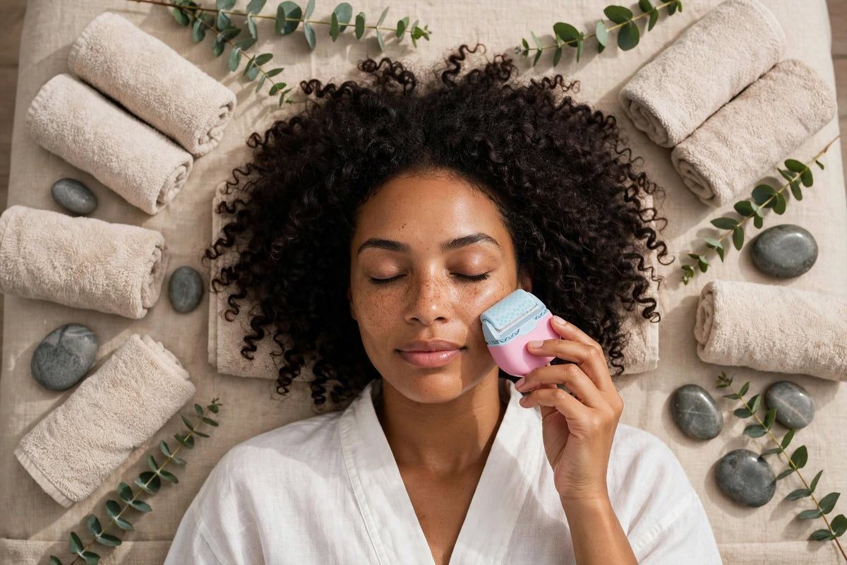 Woman relaxing on a spa towel gliding the Solaara Chill Roller across her cheek, surrounded by rolled towels, stones and eucalyptus
