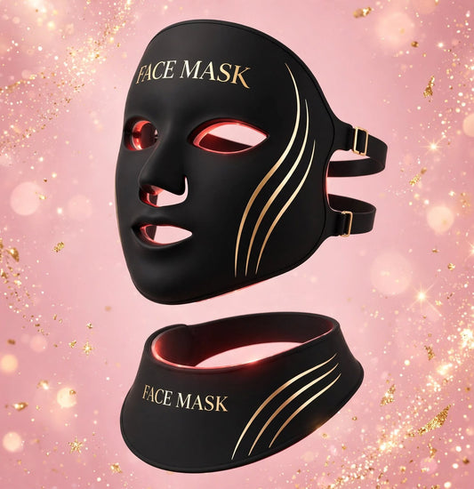 Solaara Glow Mask red light LED face mask and neck mask in black with gold accents on a pink background
